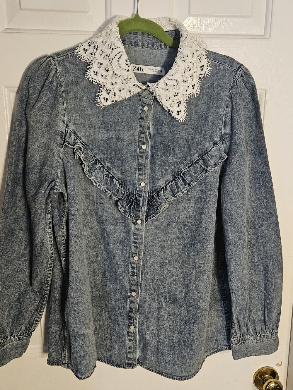 Zara Light Blue Denim Top with White Crochet Collar - Picture 2 of 10